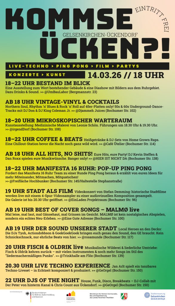 Plakat mit dem Programm zu KOMMSE ÜCKEN am 14.3.2026
