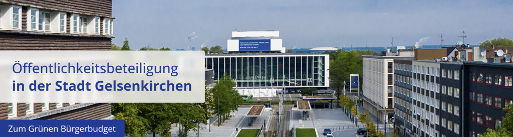 Ausschnitt der Website mitmachen.gelsenkirchen.de zur Öffentlichkeitsbeteiligung in der Stadt Gelsenkirchen. Auf dem Bild ist ein Panorama auf das Musiktheater aus der Vogelperspektive zu sehen mit einem Stück Hans-Sachs-Haus.