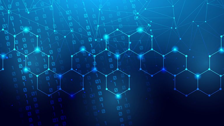 Themenbild zu Technologie, Netzwerk, Daten. Blauer Hintergrund mit leuchtendem Netzmuster.
