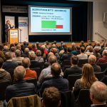 Menschen auf einer Veranstaltung, in Stuhlreihen sitzend, Bühne mit Präsentation
