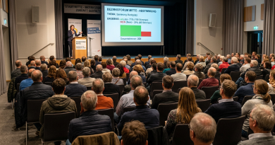 Menschen auf einer Veranstaltung, in Stuhlreihen sitzend, Bühne mit Präsentation