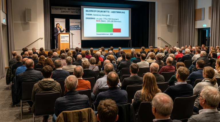 Menschen auf einer Veranstaltung, in Stuhlreihen sitzend, Bühne mit Präsentation