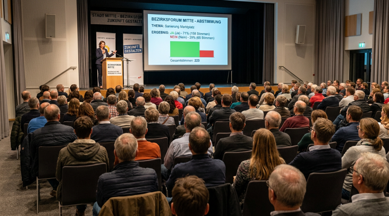 Menschen auf einer Veranstaltung, in Stuhlreihen sitzend, Bühne mit Präsentation