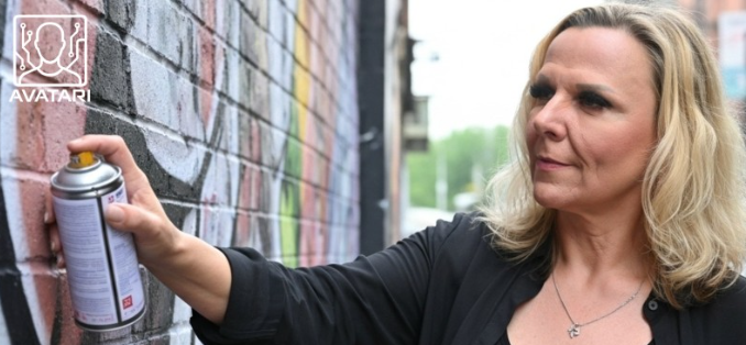 Die virtuelle Repräsentanz Bianca Derani sprüht Graffiti an eine Wand
