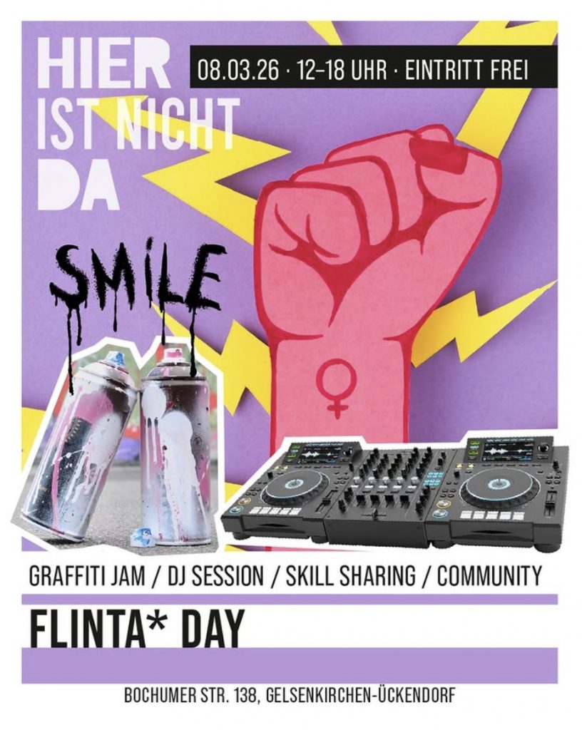 Veranstaltungsankündigung für den  FLINTA* DAY am 8.3. im HIER IST NICHT DA von 12 bis 18 Uhr
