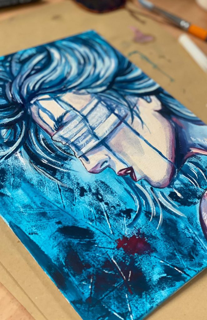 Malerei von Roxane Kressin, Frauenkopf mit verbundenen Augen in Blautönen