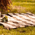 Picknickdecke mit Korb auf grüner Wiese