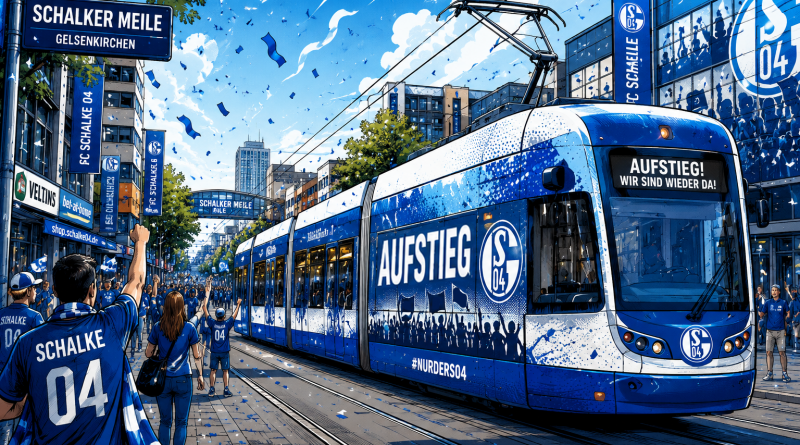 KI-generiertes Bild einer Schalke-Bahn zum Aufstieg des Schalke 04.
