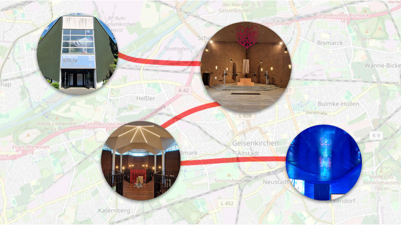 Stempelrallye zur Manifesta im Gelsenkirchener Stadtgebiet, mit vier Standorten der Manifesta in Kirchen